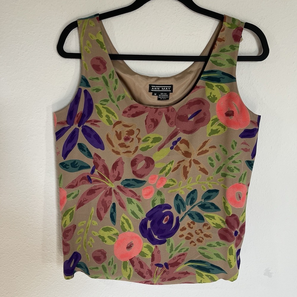 Ann May Tank Top Womens Sz M Floral 100% Silk Shell Mod Sleeveless Scoop Neck
